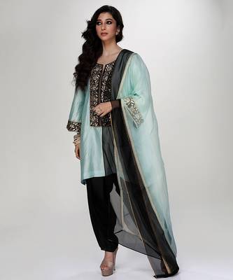 Powder blue embroidered texture silk kurta black dhoti set 1