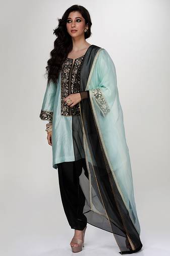 Powder blue embroidered texture silk kurta black dhoti set
