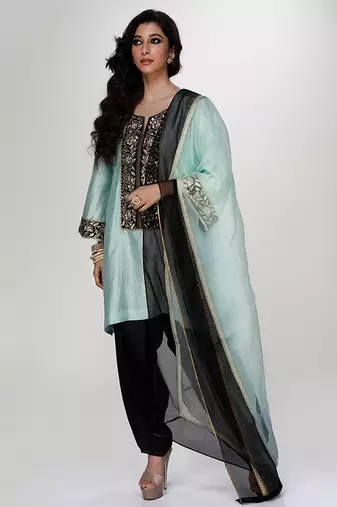 Powder blue embroidered texture silk kurta black dhoti set