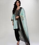 Powder blue embroidered texture silk kurta black dhoti set