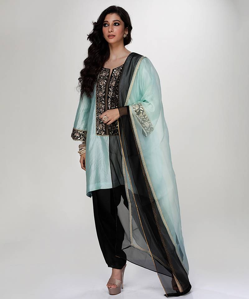 Powder blue embroidered texture silk kurta black dhoti set