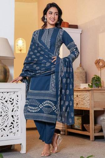 Blue cotton printed straight kurti-pant-dupatta set