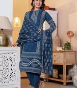 Blue cotton printed straight kurti-pant-dupatta set