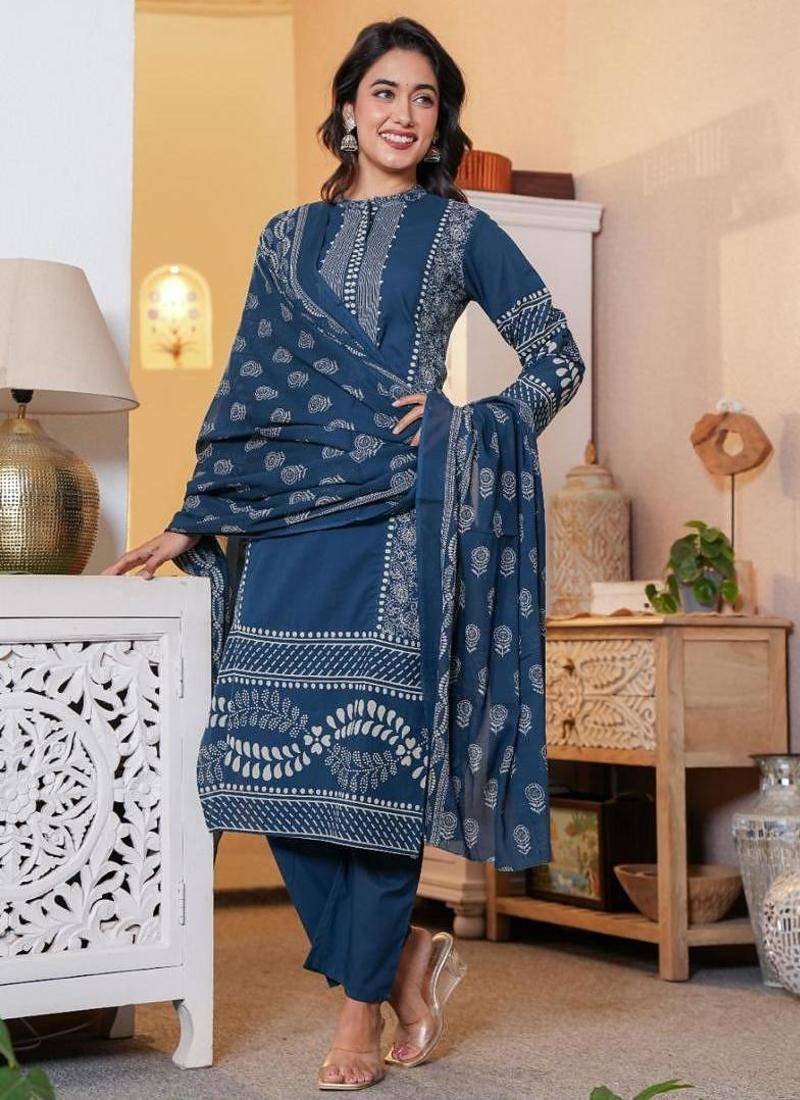 Blue cotton printed straight kurti-pant-dupatta set