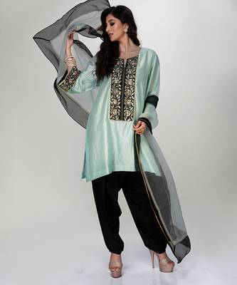 Powder blue embroidered texture silk kurta black dhoti set 2