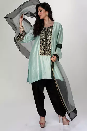 Powder blue embroidered texture silk kurta black dhoti set