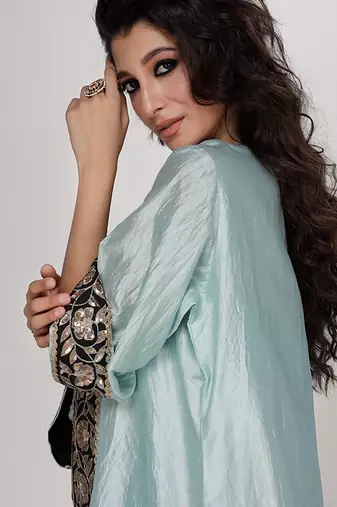 Powder blue embroidered texture silk kurta black dhoti set