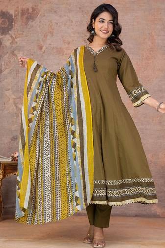 Multicolor cotton anarkali kurti-pant-dupatta set