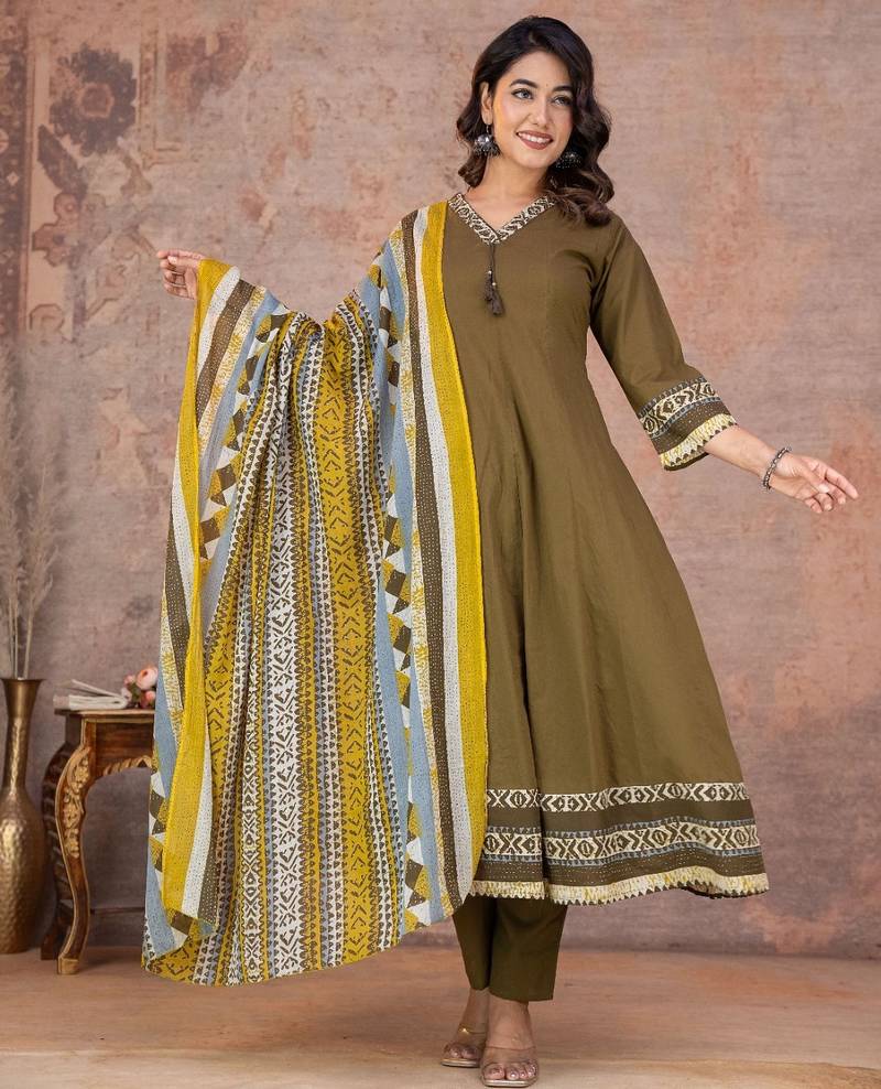 Multicolor cotton anarkali kurti-pant-dupatta set