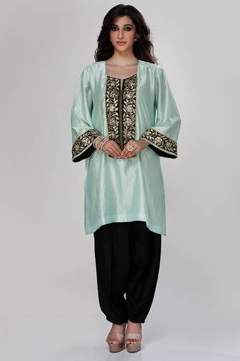 Powder blue embroidered texture silk kurta and black dhoti salwar