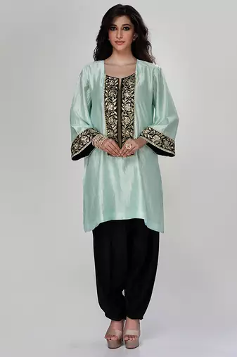 Powder blue embroidered texture silk kurta and black dhoti salwar