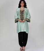 Powder blue embroidered texture silk kurta and black dhoti salwar