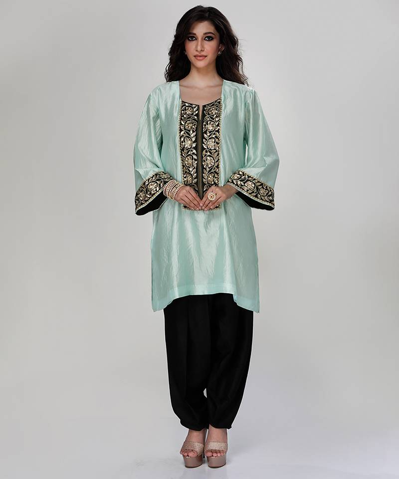 Powder blue embroidered texture silk kurta and black dhoti salwar