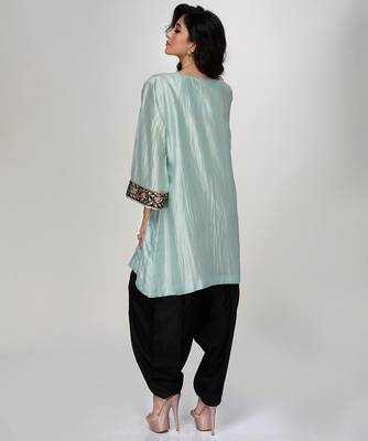 Powder blue embroidered texture silk kurta and black dhoti salwar 2