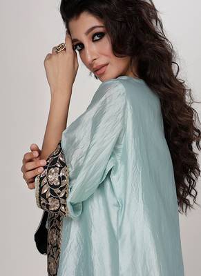 Powder blue embroidered texture silk kurta and black dhoti salwar 3