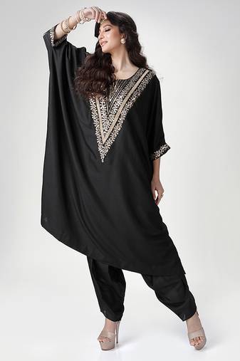 Black embroidered texture silk kaftan set