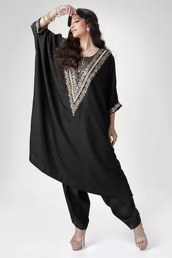Black embroidered texture silk kaftan set