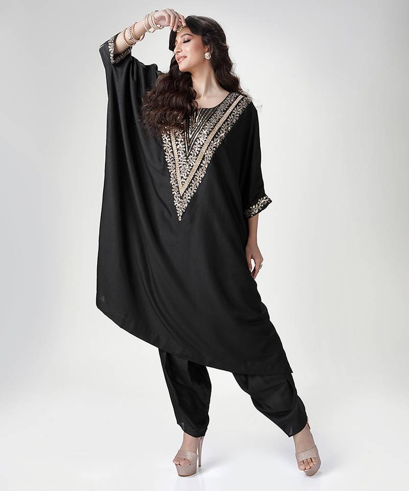 Black embroidered texture silk kaftan set