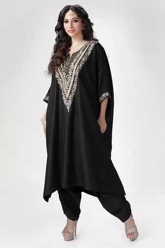 Black embroidered texture silk kaftan set