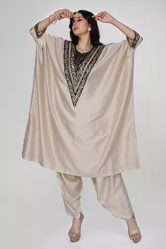 Champagne beige embroidered texture silk kaftan set