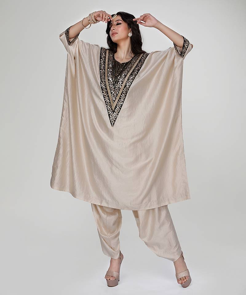 Champagne beige embroidered texture silk kaftan set