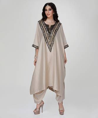 Champagne beige embroidered texture silk kaftan set 2