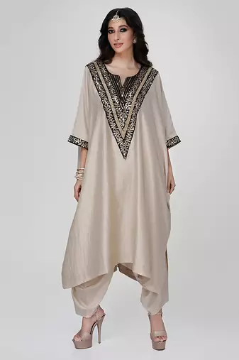 Champagne beige embroidered texture silk kaftan set