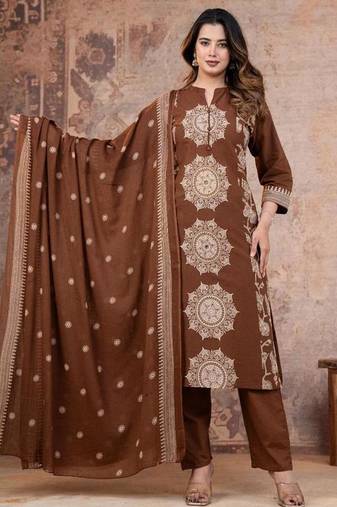 Brown cotton cambric printed straight kurti-pant-dupatta set