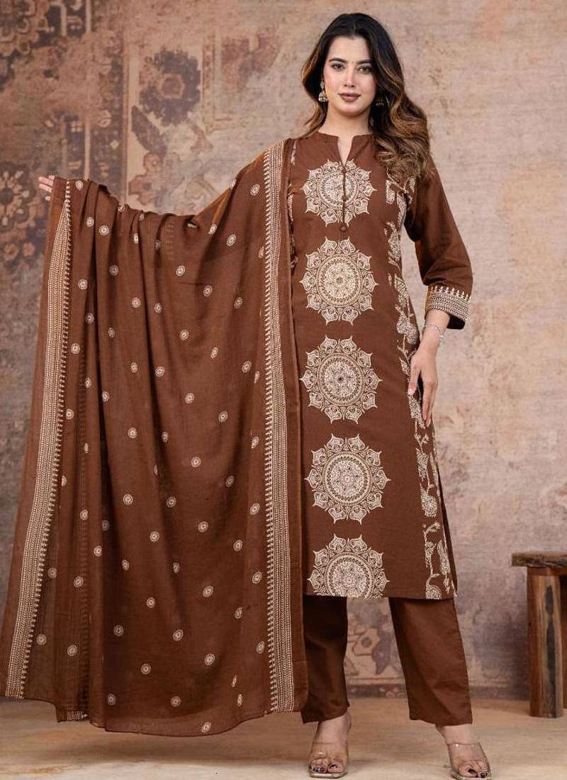 Brown cotton cambric printed straight kurti-pant-dupatta set