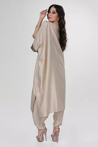 Champagne beige embroidered texture silk kaftan set
