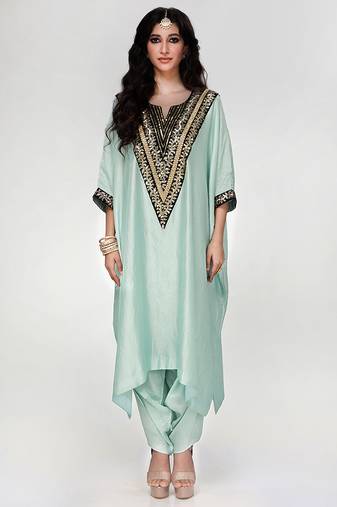 Powder blue embroidered texture silk kaftan set