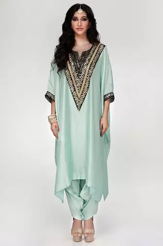 Powder blue embroidered texture silk kaftan set