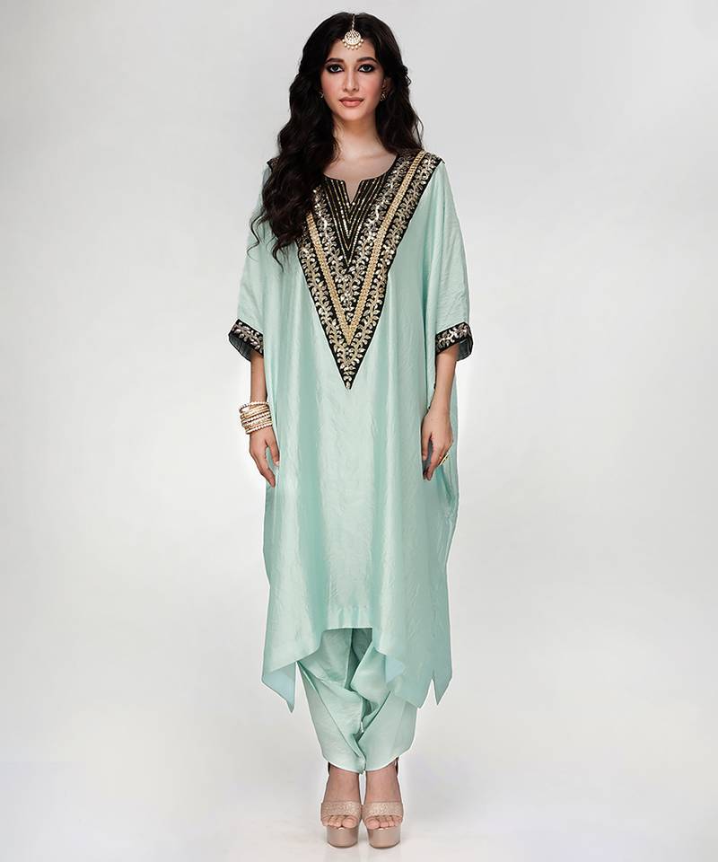 Powder blue embroidered texture silk kaftan set
