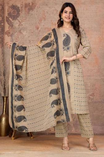 Multicolor cotton straight kurti-pant-dupatta set