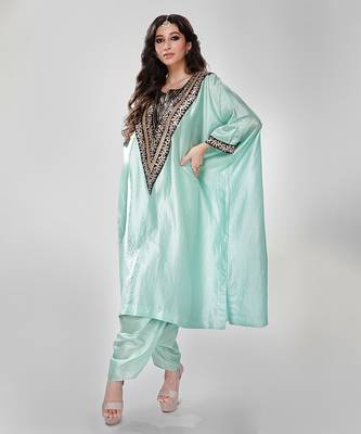 Powder blue embroidered texture silk kaftan set 3