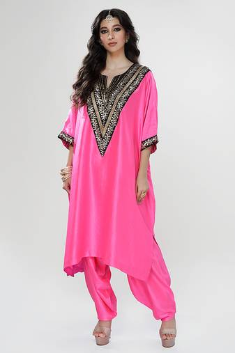Fuchsia pink embroidered texture silk kaftan set