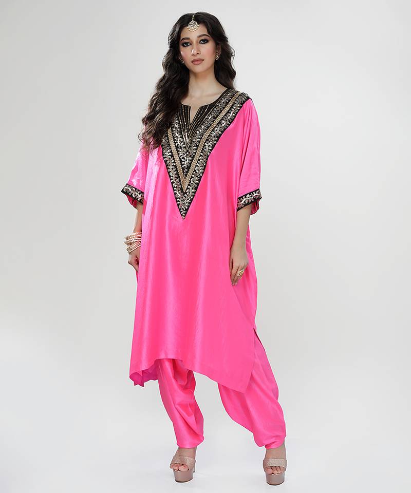 Fuchsia pink embroidered texture silk kaftan set