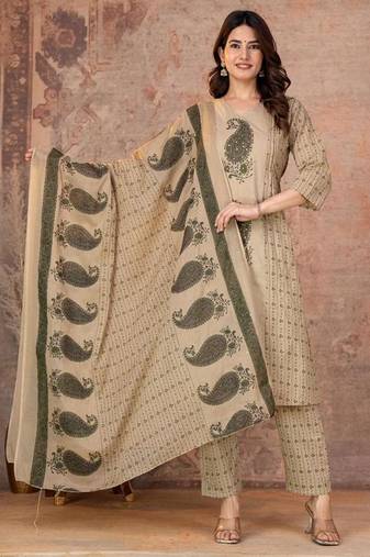 Multicolor cotton straight kurti-pant-dupatta set