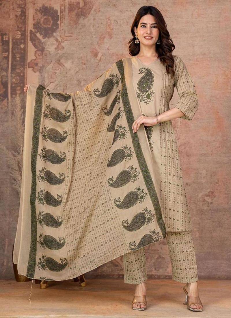 Multicolor cotton straight kurti-pant-dupatta set