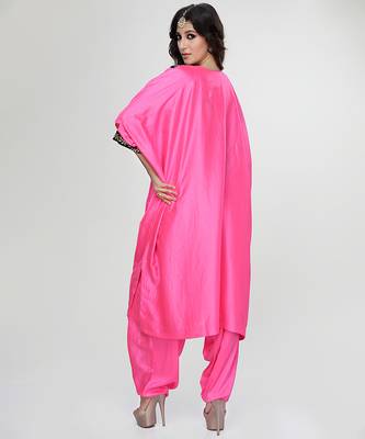Fuchsia pink embroidered texture silk kaftan set 3