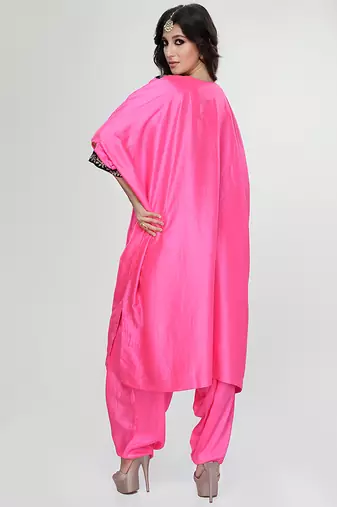 Fuchsia pink embroidered texture silk kaftan set