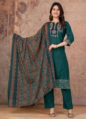 Green cotton straight kurti-pant-dupatta set 1