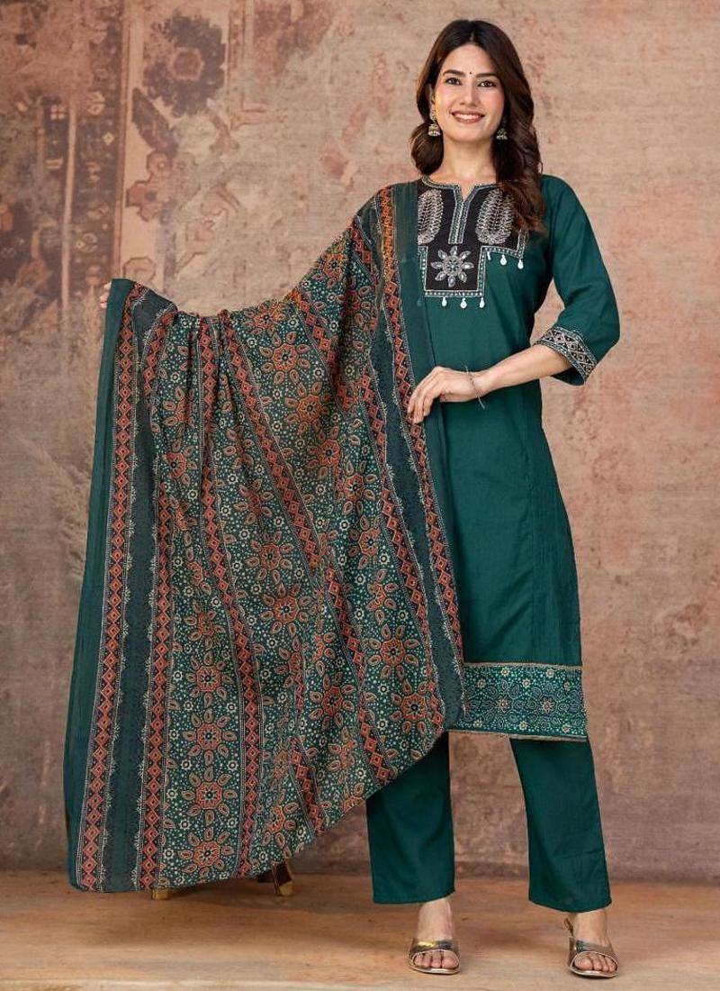 Green cotton straight kurti-pant-dupatta set