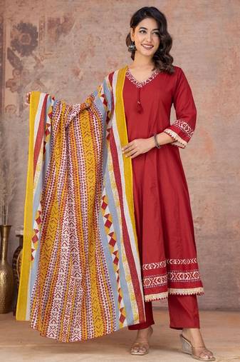 Maroon cotton anarkali kurti-pant-dupatta set