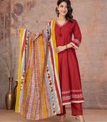 Maroon cotton anarkali kurti-pant-dupatta set
