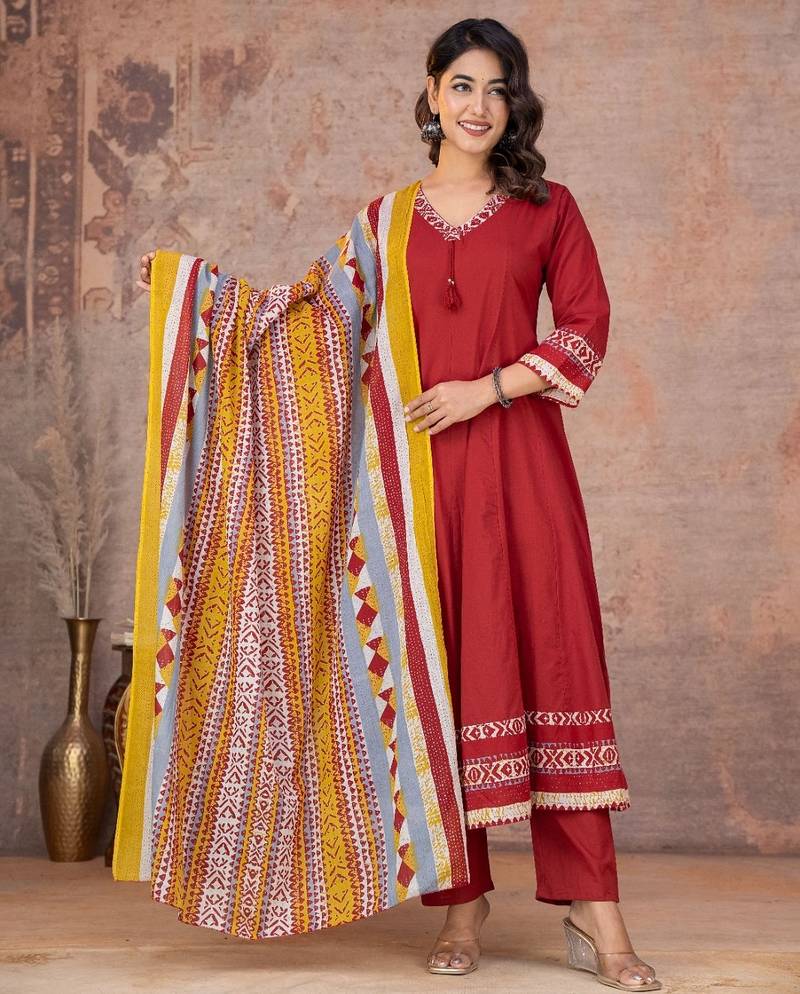 Maroon cotton anarkali kurti-pant-dupatta set