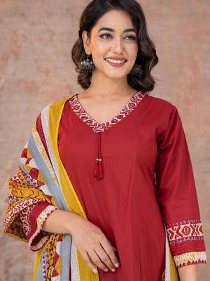 Maroon cotton anarkali kurti-pant-dupatta set 4
