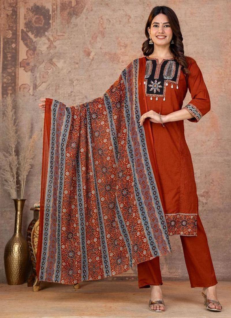 Multicolor cotton straight kurti-pant-dupatta set