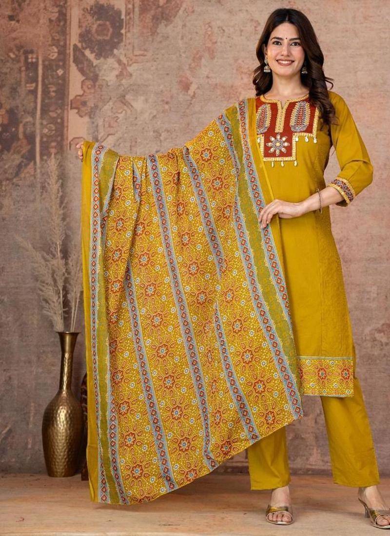 Mustard cotton straight kurti-pant-dupatta set