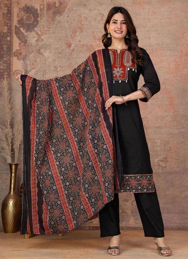 Black cotton straight kurti-pant-dupatta set